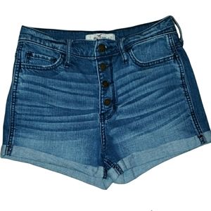 Hollister Denim Medium Wash Shorts Button Fly Roll Hem Whiskered Sz 1 W25